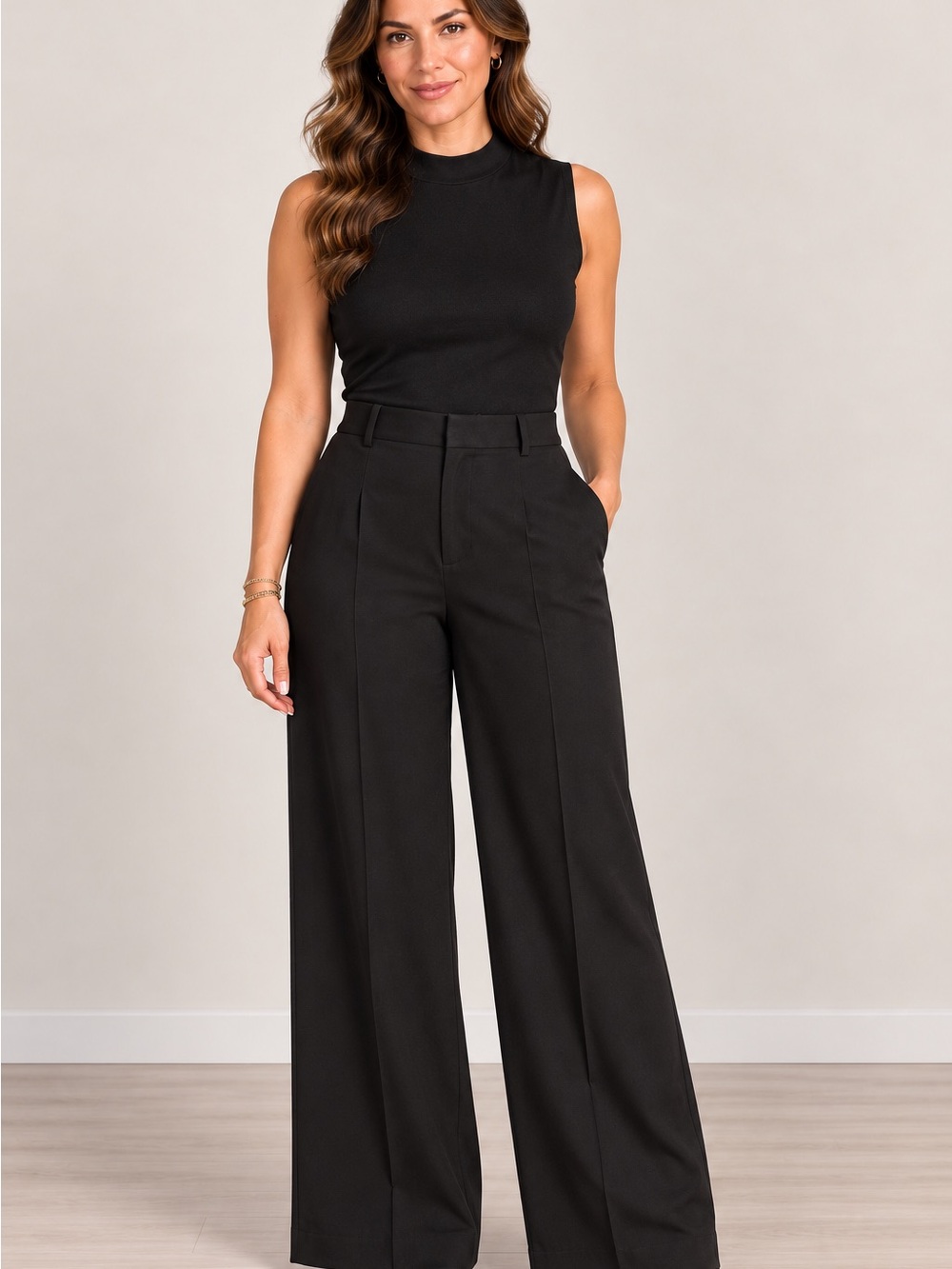 Wide Leg High-Waist Pants - Black